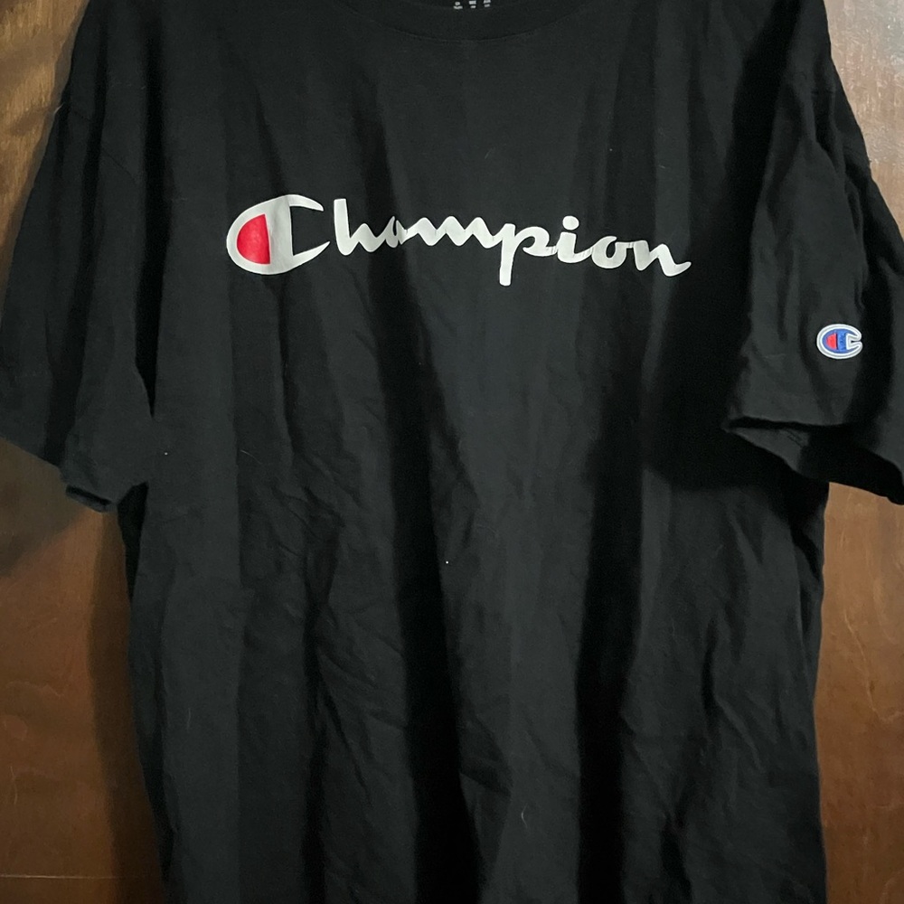 Champion Black Tee with Red and White Logo